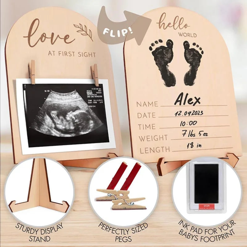New Mom Baby Wooden Picture Sonogram and Footprints Frame
